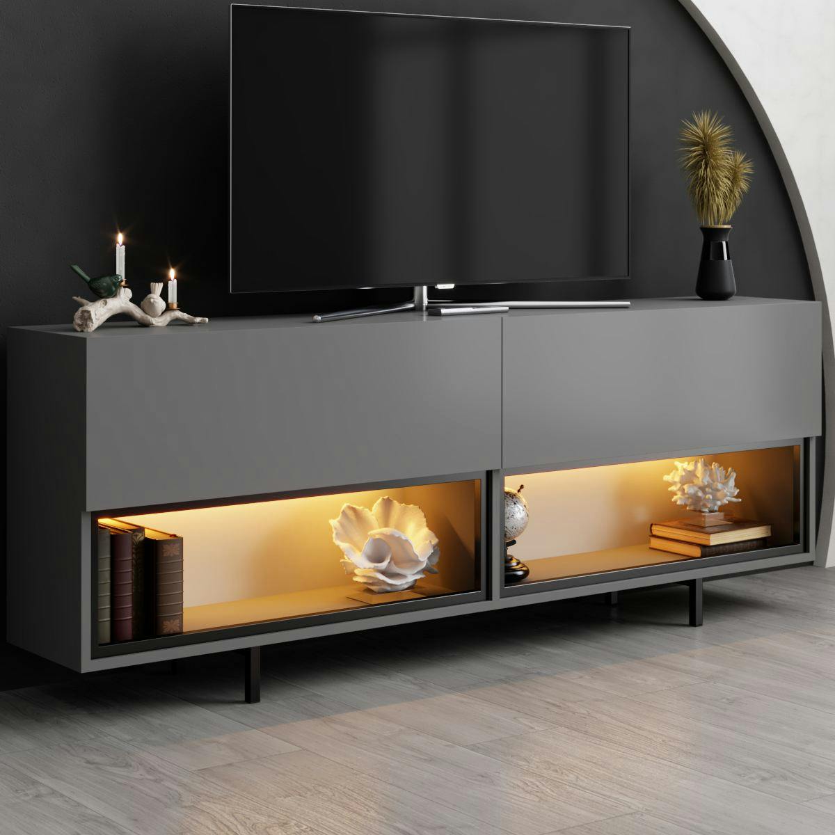 Meuble TV gris foncé 2 portes 2 niches LED à télécommande AURA