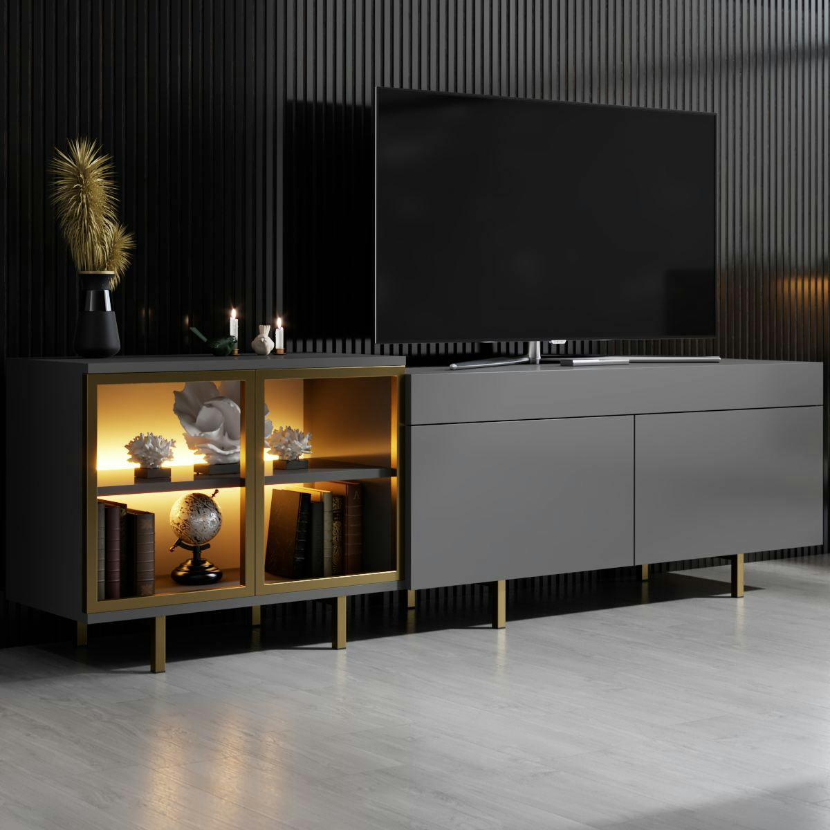 Meuble TV gris foncé et doré 2 portes 1 niche LED AURA