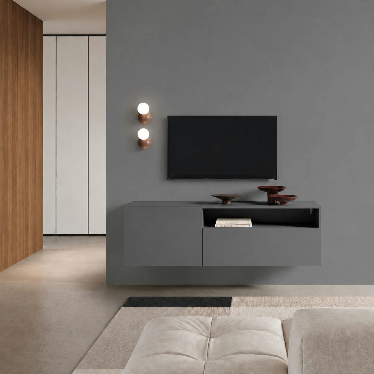 Meuble TV gris moderne à poser ou suspendre LORA