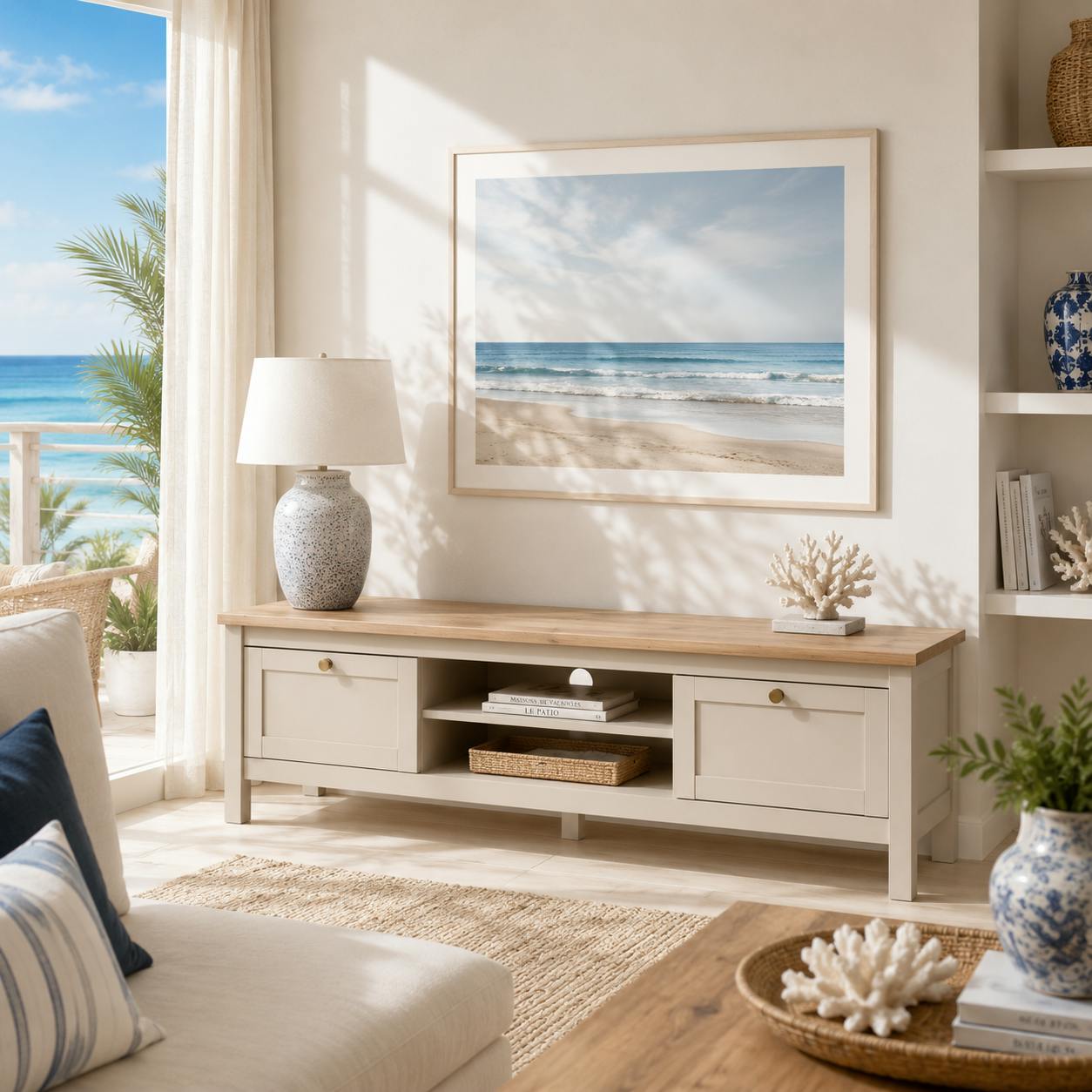 Meuble TV gris taupe 2 tiroirs 1 niche centrale VENZA