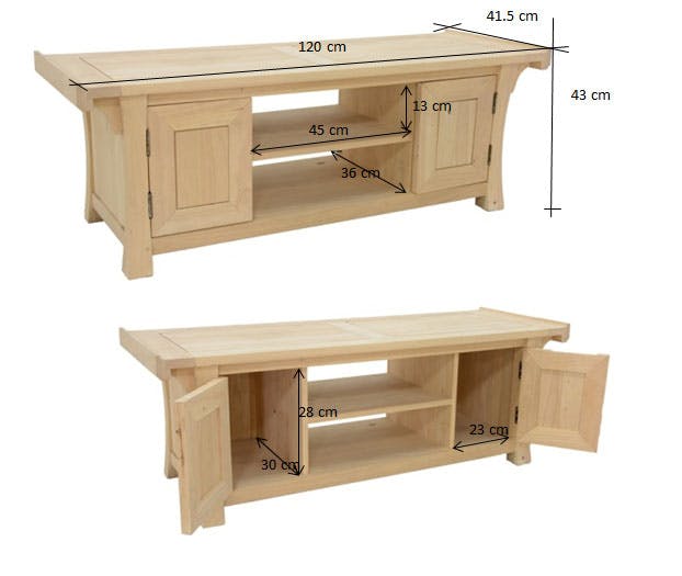 Meuble TV Hévéa 2 portes, 2 niches 120x41,5x43cm MAORI