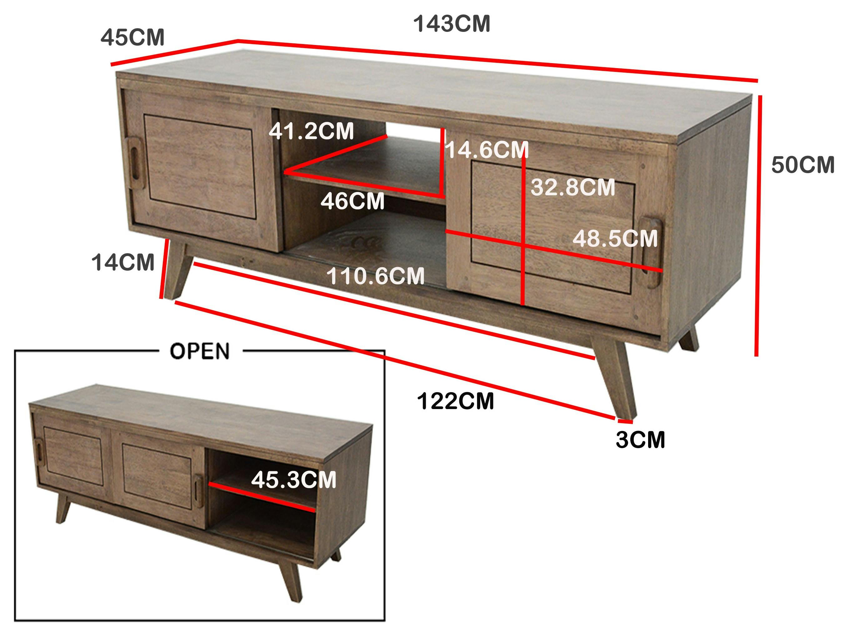 Meuble TV Hévéa 2 portes coulissantes, 2 niches 143x45x50cm SIXTIES