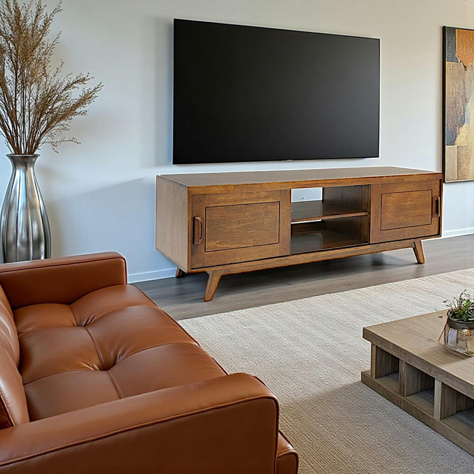 Meuble TV Hévéa 2 portes coulissantes, 2 niches 143x45x50cm SIXTIES