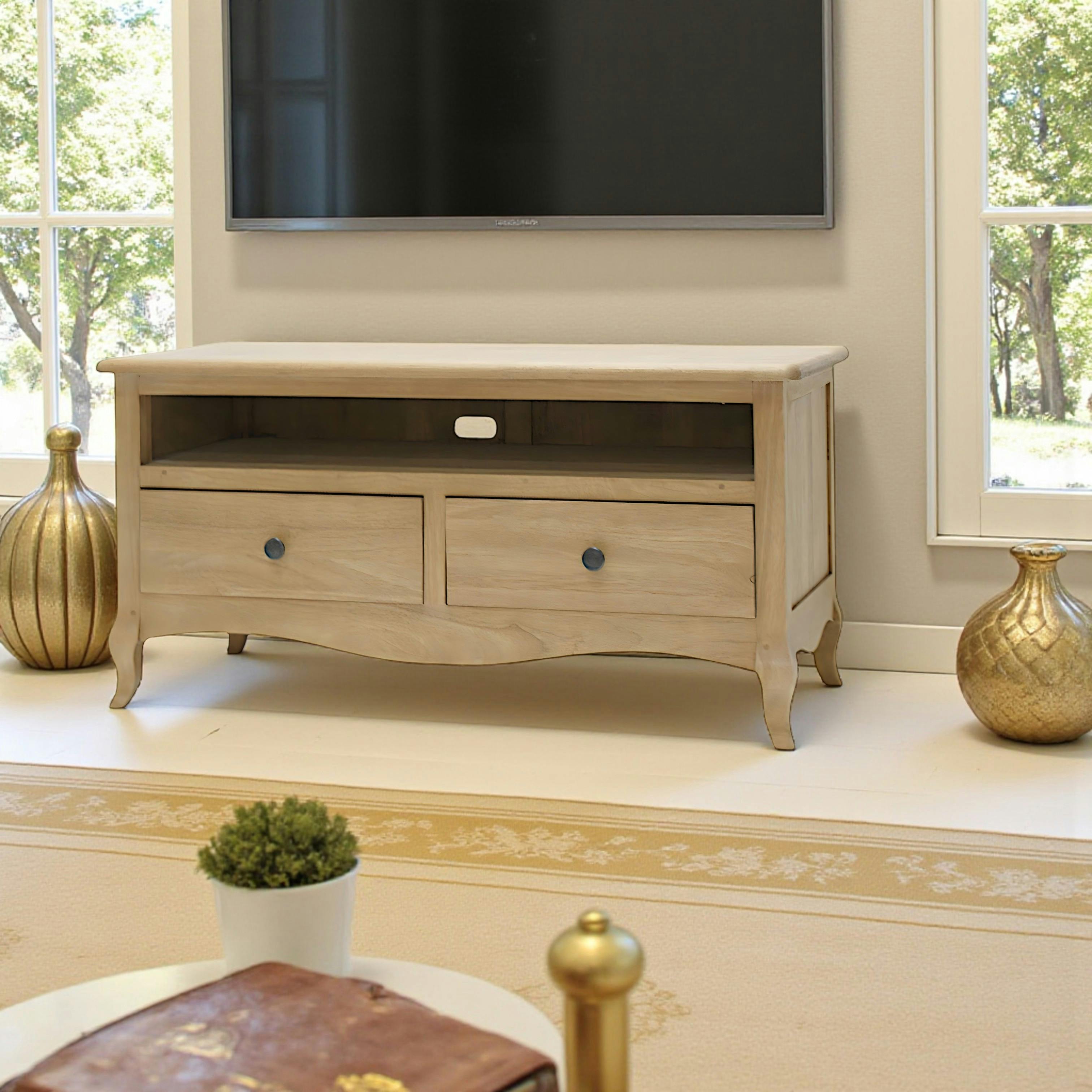 Meuble TV Hévéa 2 tiroirs, 1 grande niche 100x45x50cm TRADITION