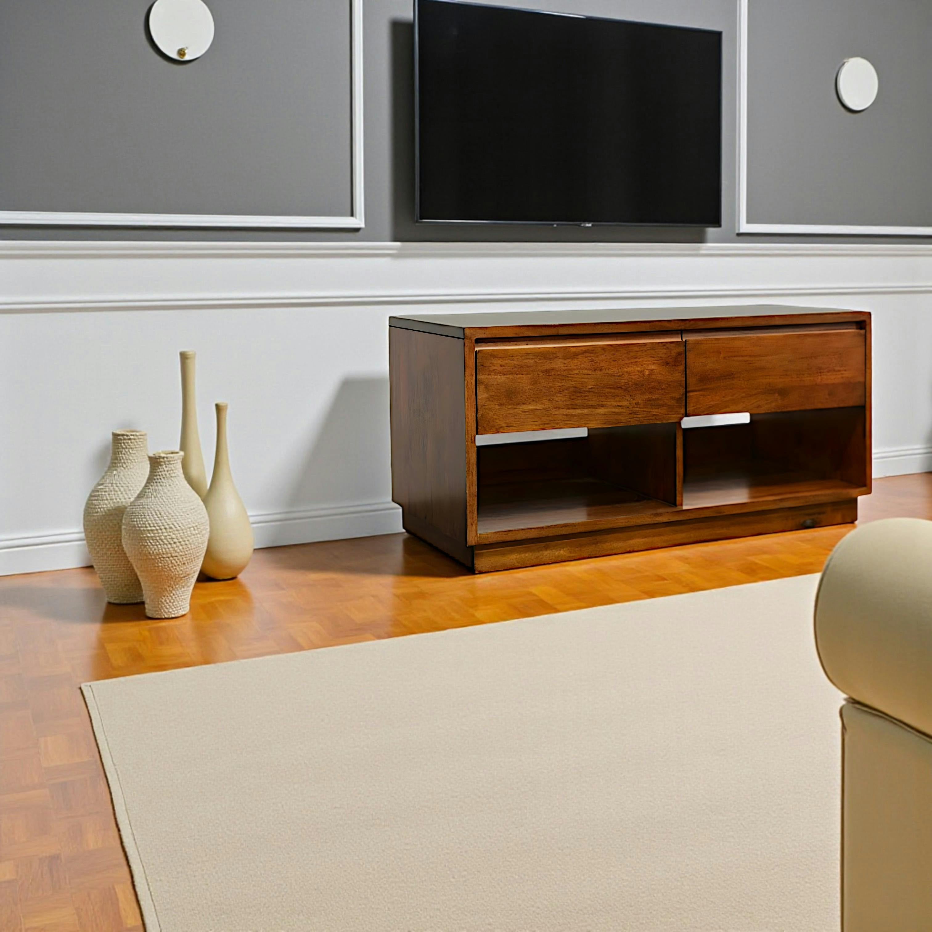 Meuble TV Hévéa 2 tiroirs, 2 niches basses 90x45x45cm BALTIC