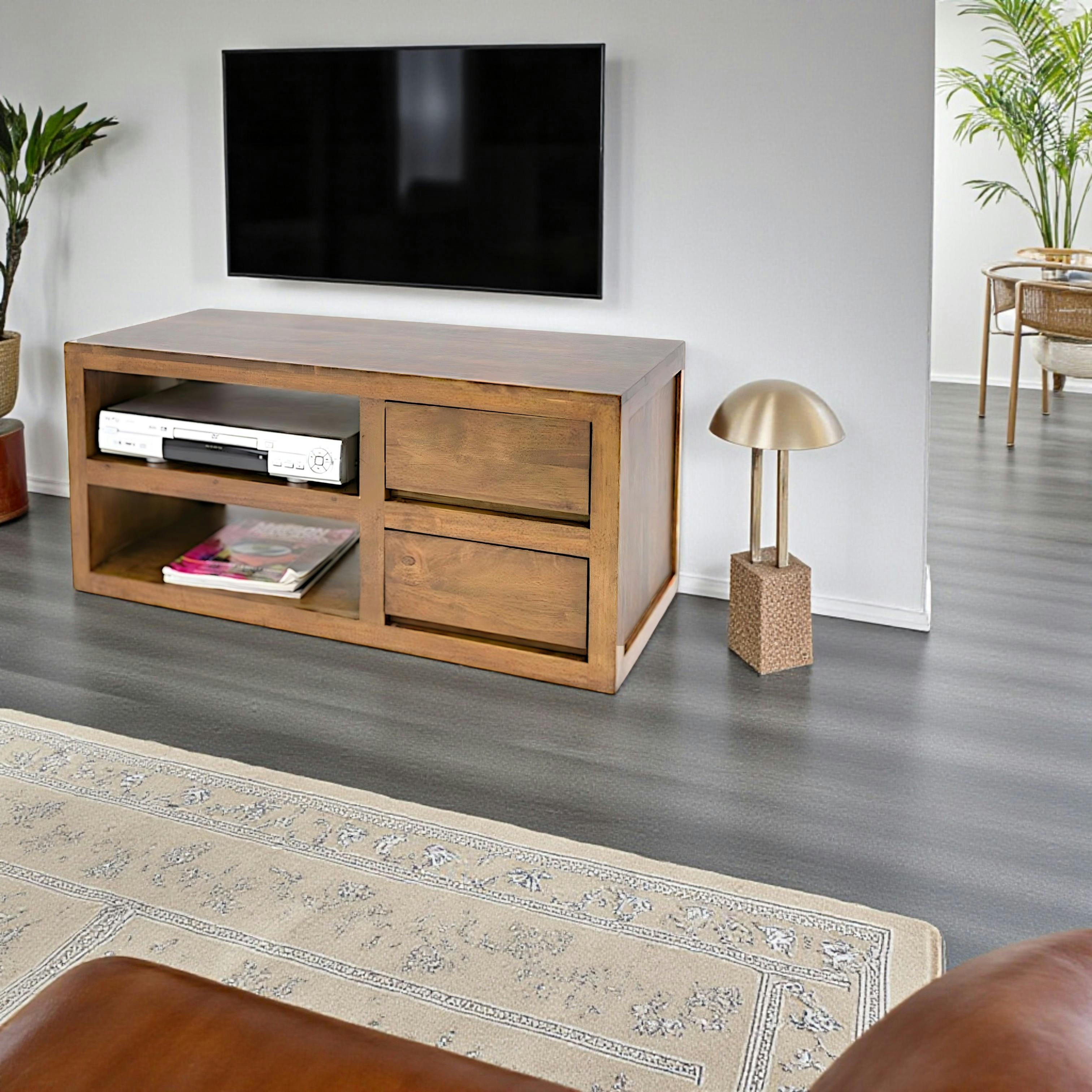 Meuble TV hévéa 2 tiroirs 90cm OLGA