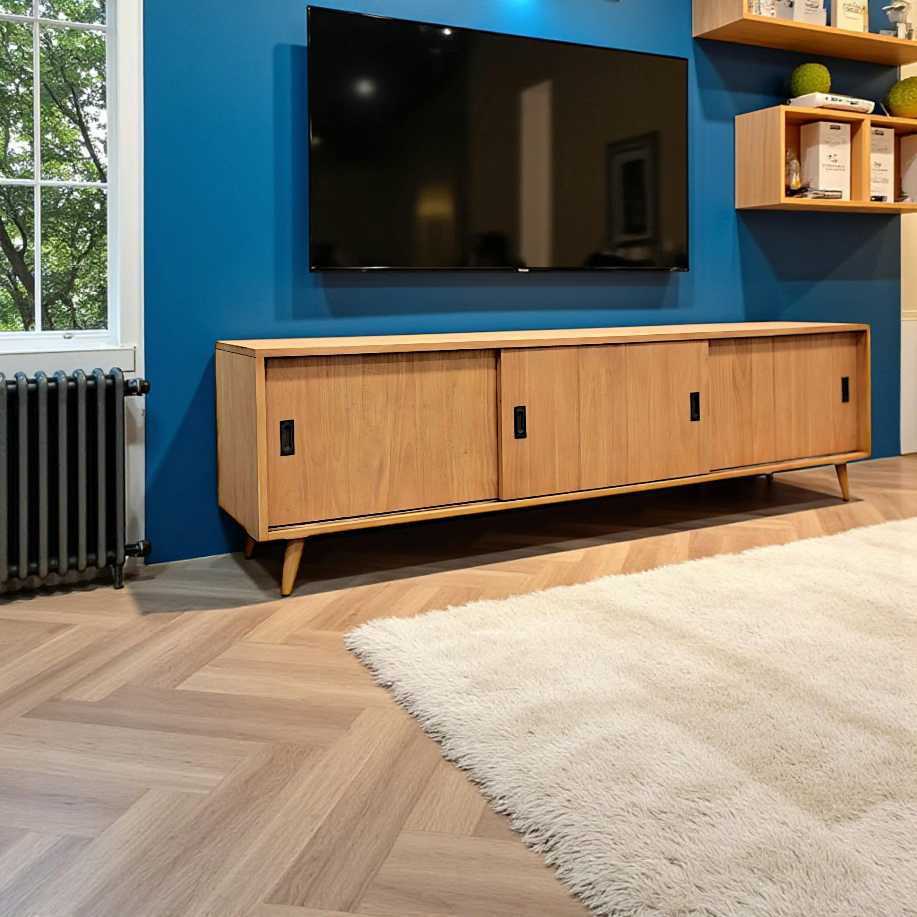 Meuble TV Hévéa 3 portes coulissantes 200x45x60cm SIXTIES