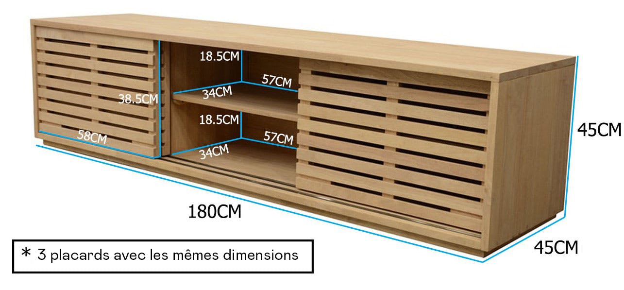 Meuble TV Hévéa 3 portes coulissantes Persiennes 180 cm NEW ORLEANS