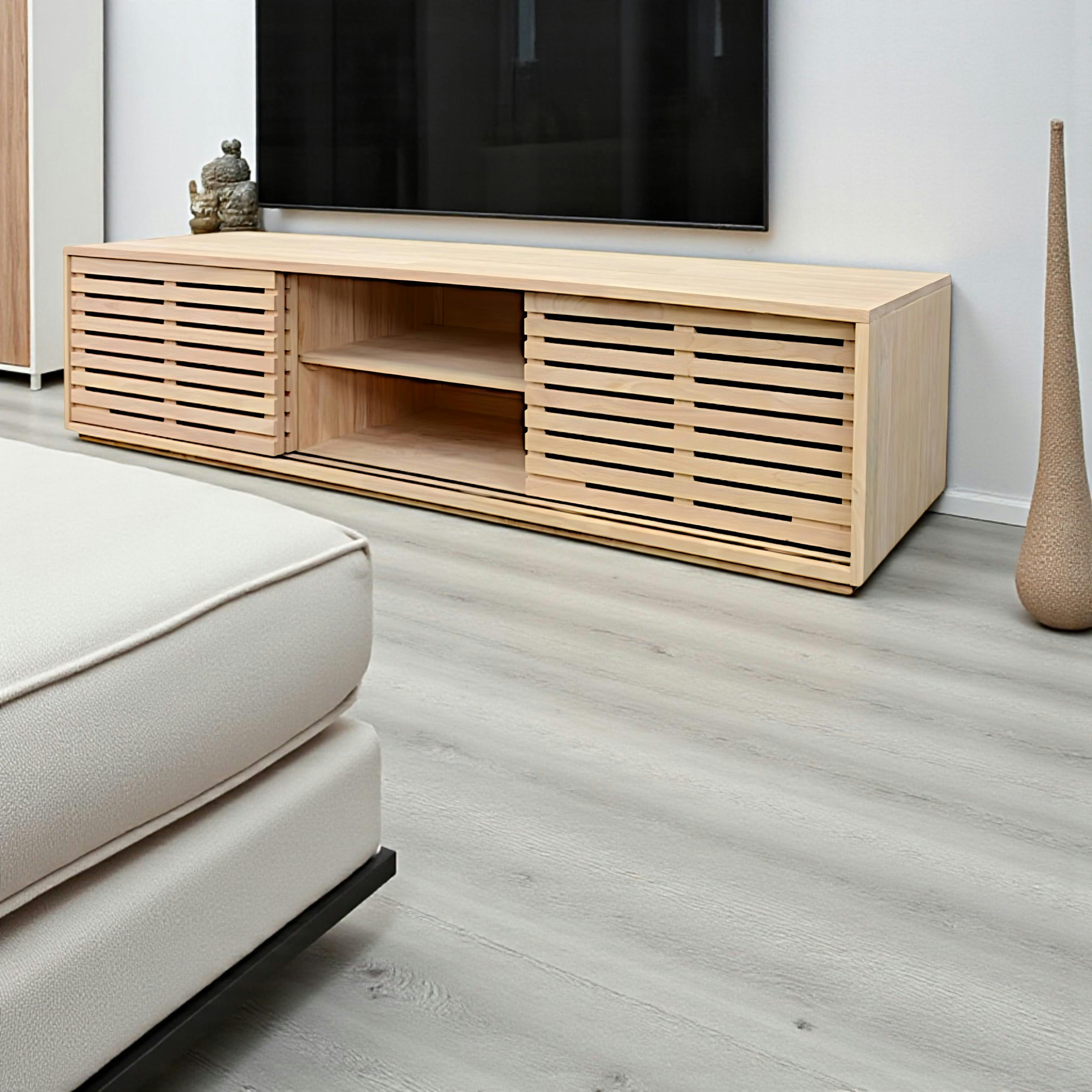 Meuble TV Hévéa 3 portes coulissantes Persiennes 180 cm NEW ORLEANS