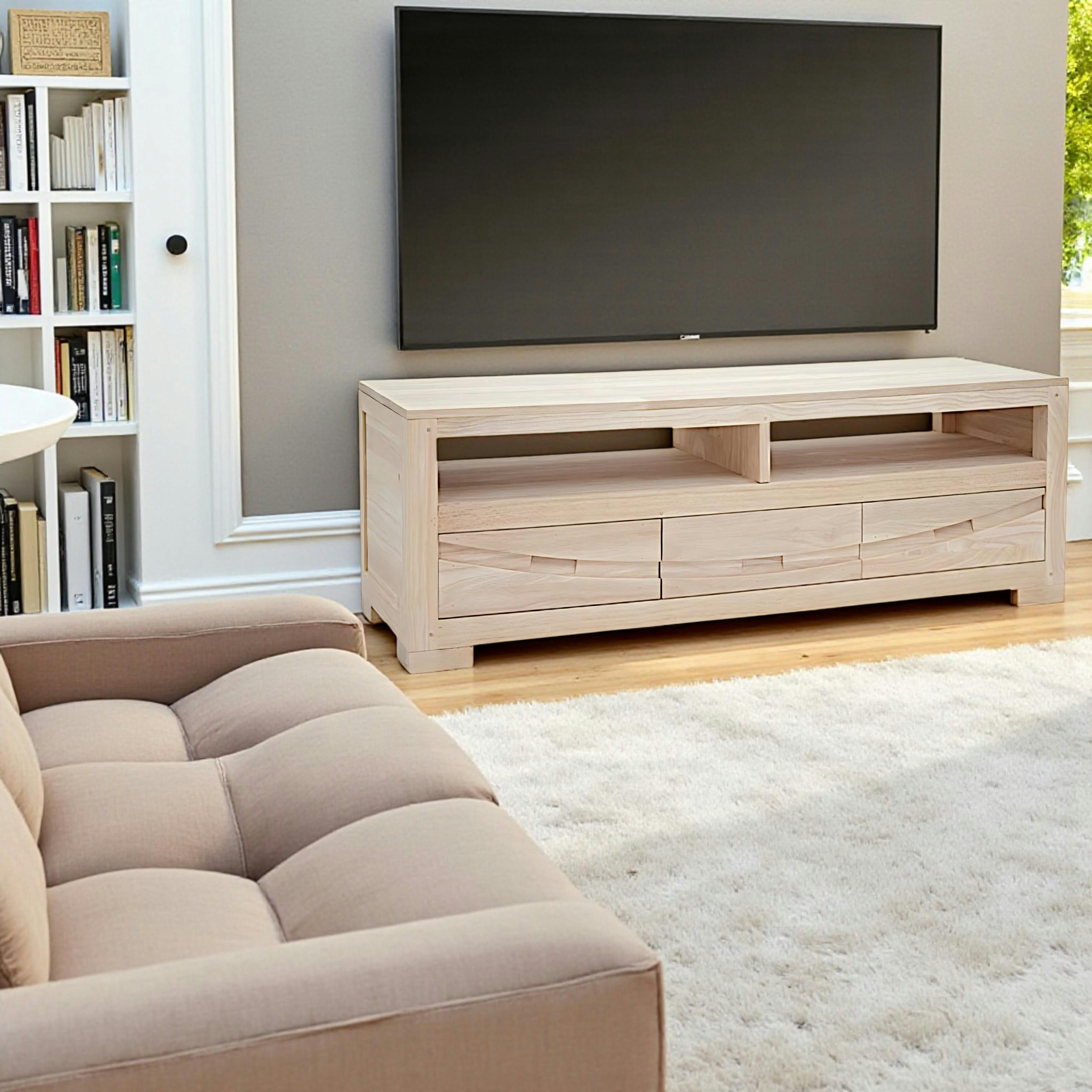 Meuble TV Hévéa 3 tiroirs, 2 niches 130x45x45cm NIAGARA