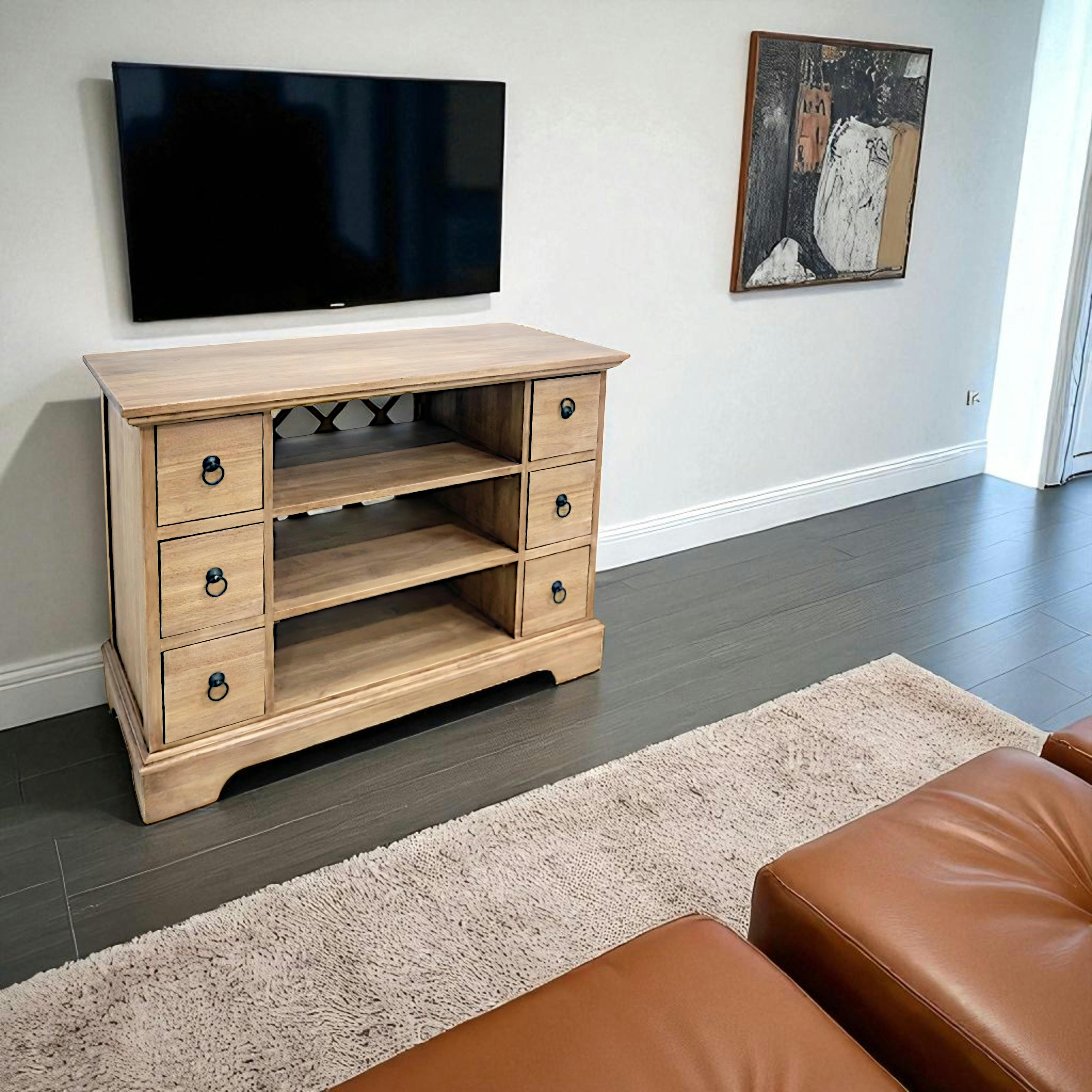 Meuble TV Hévéa 6 tiroirs, 3 niches, fond ajouré effet croisé 98x39x72.6cm MAORI