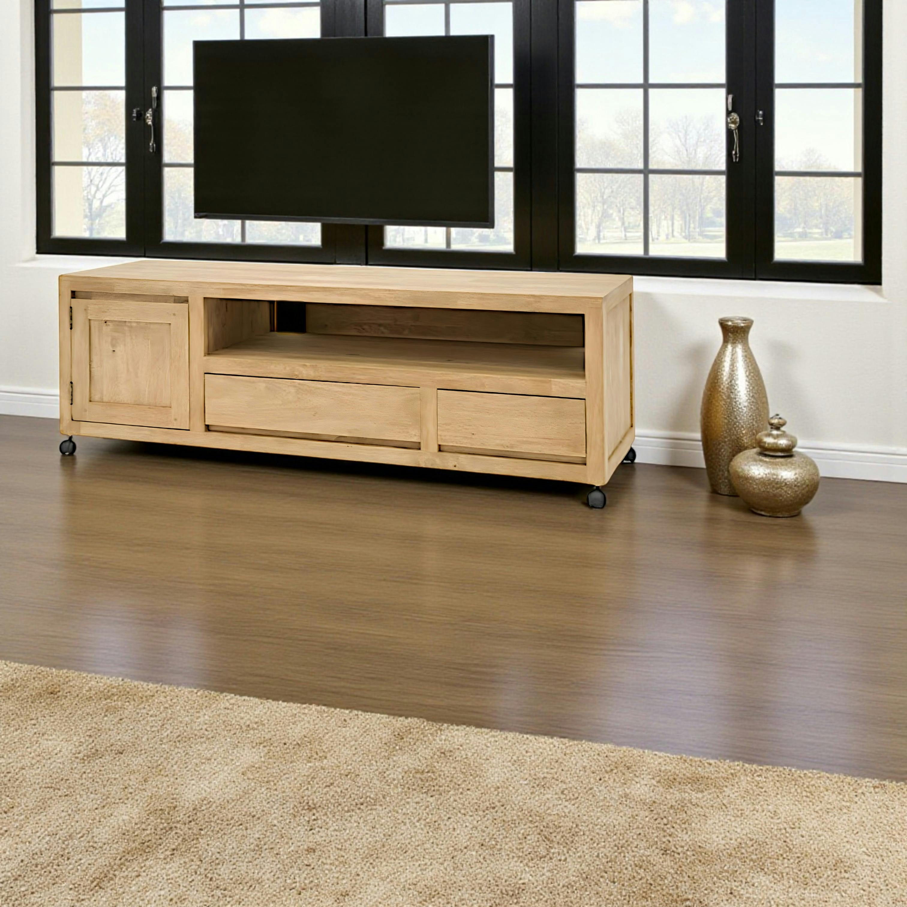 Meuble TV Hévéa à roulettes, 1 porte, 2 tiroirs, 1 grande niche 140x45x47,5 OLGA
