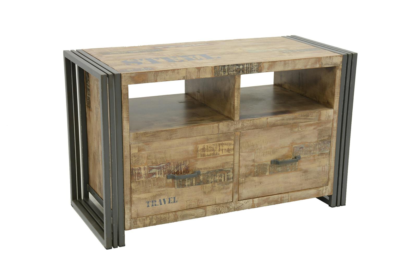 Meuble TV hévéa recyclé blanchi et métal noirci 2 tiroirs 2 niches 90X40X55cm DOCKER