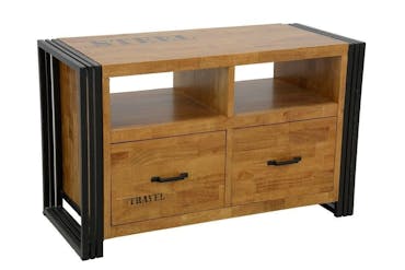  Meuble TV hévéa recyclé naturel et métal noirci 2 tiroirs 2 niches 90X40X55cm DOCKER