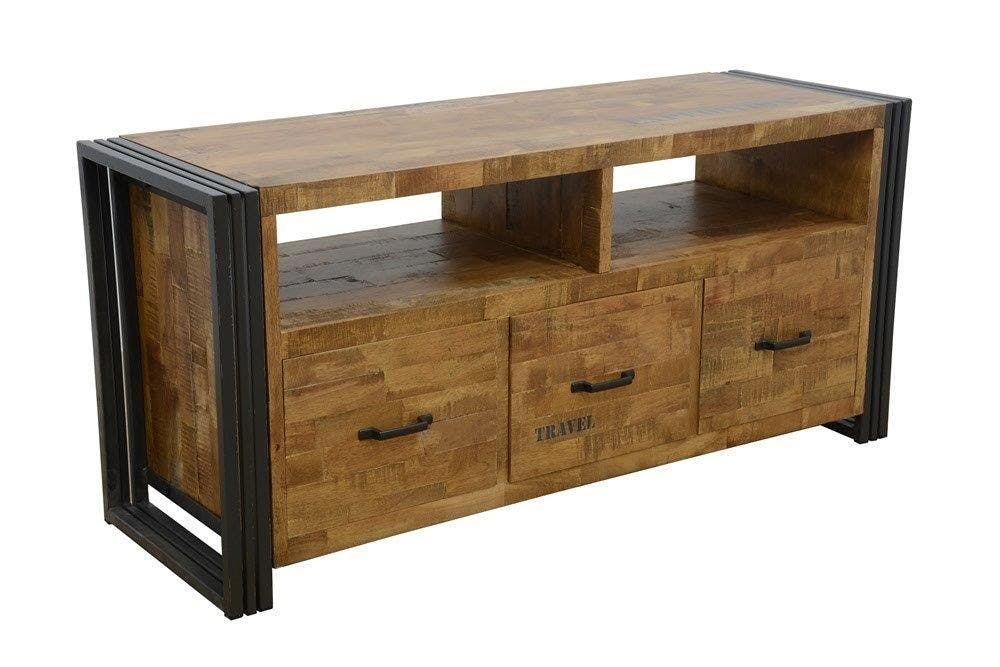 Meuble TV hévéa recyclé naturel et métal noirci 3 tiroirs 2 niches 120X40X55cm DOCKER