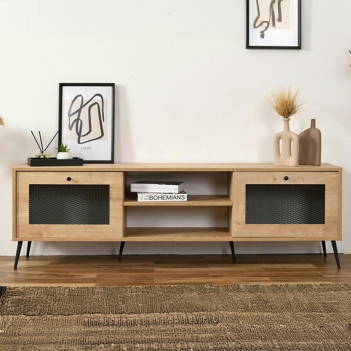 Meuble TV industriel 2 portes grillagées 2 niches JENA