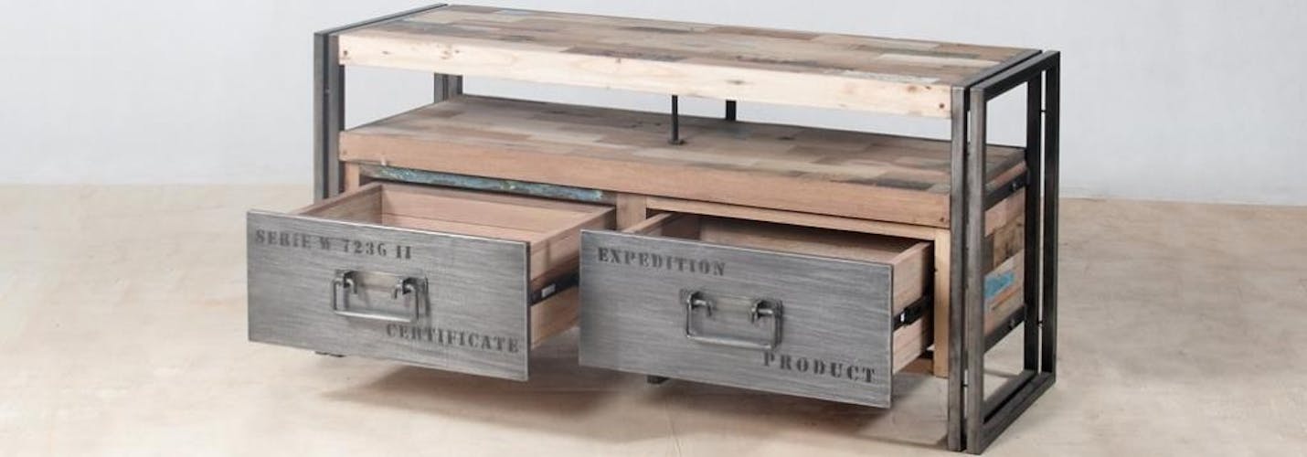 Meuble TV bois recycle et metal deux tiroirs de style industriel