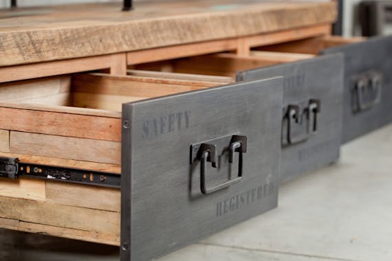 Meuble TV bois recycle et metal deux tiroirs de style industriel
