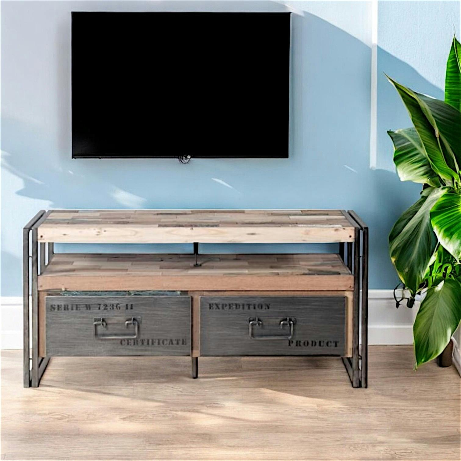 Meuble TV bois recycle et metal deux tiroirs de style industriel