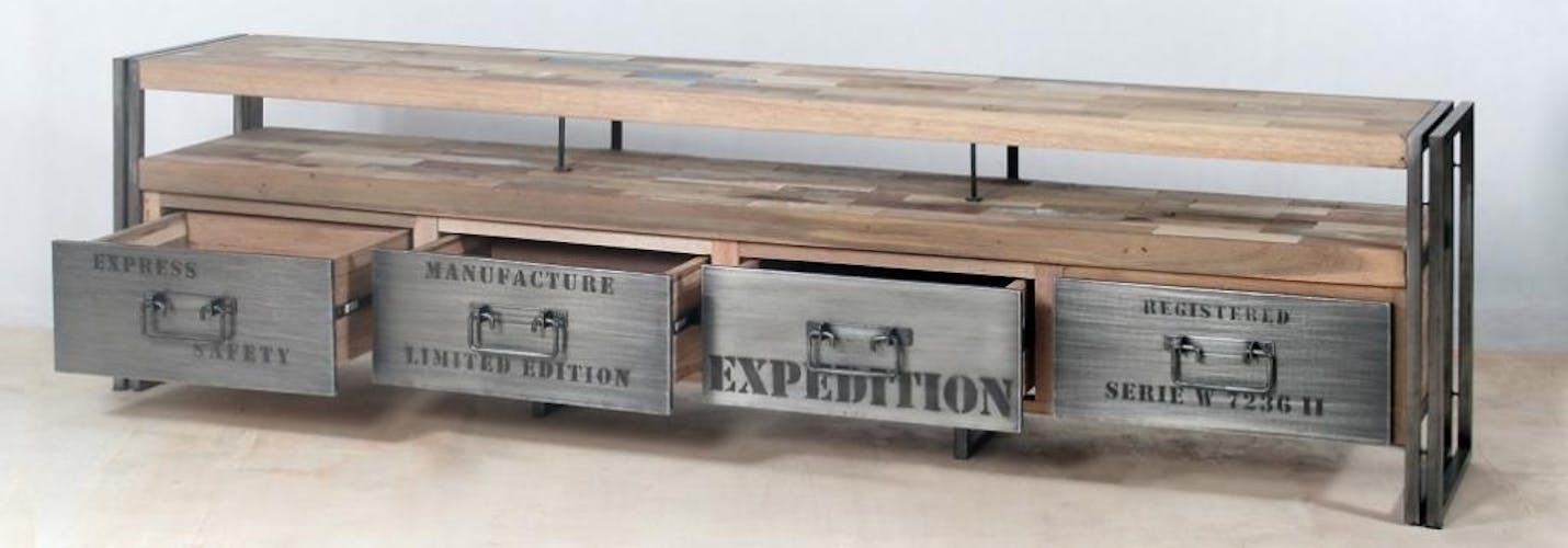 Meuble TV bois recycle et metal quatre tiroirs de style industriel