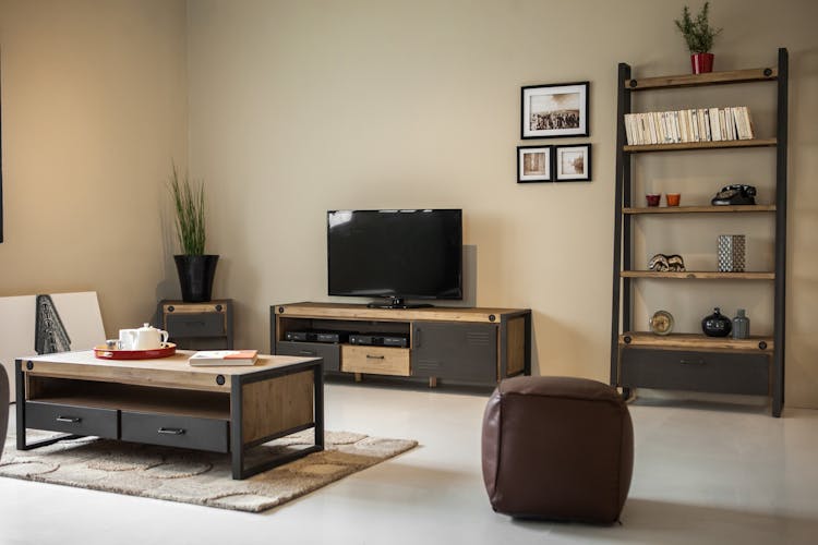 Meuble TV en bois et metal tiroirs et porte de style industriel