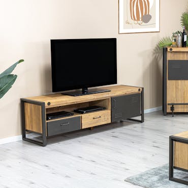  Meuble TV en bois et metal tiroirs et porte de style industriel
