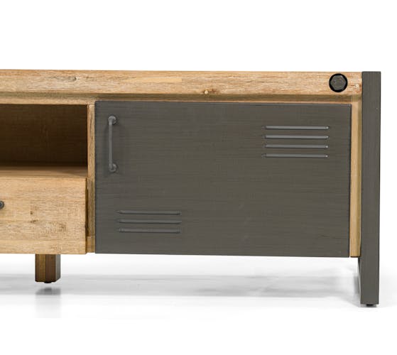 Meuble TV en bois et metal tiroirs et porte de style industriel