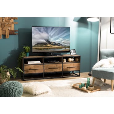  Meuble TV en bois recycle et metal trois tiroirs de style contemporain