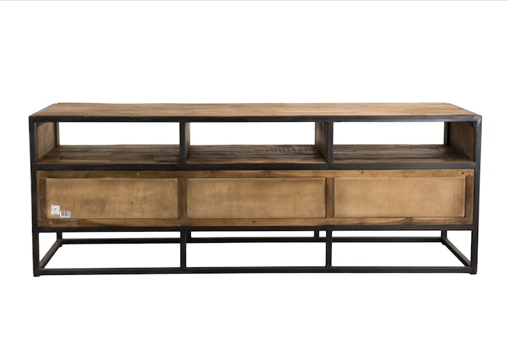 Meuble TV en bois recycle et metal trois tiroirs de style contemporain
