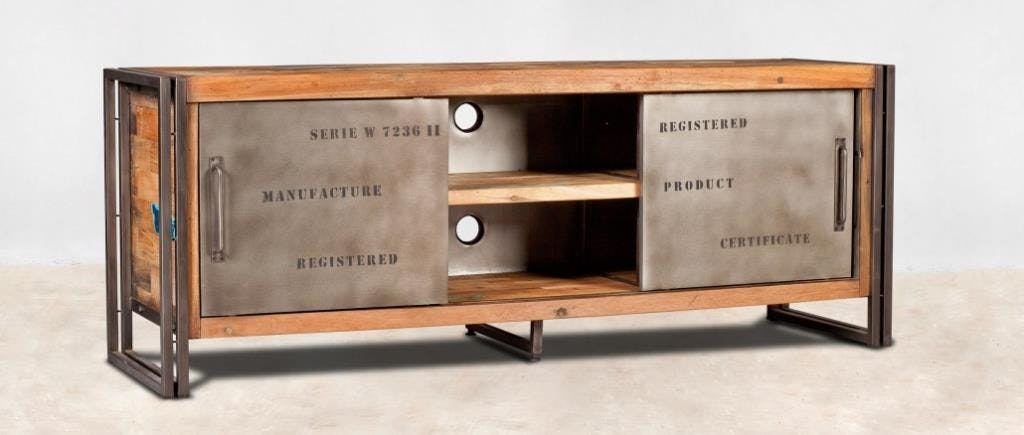 Meuble TV bois recycle et metal deux portes de style industriel