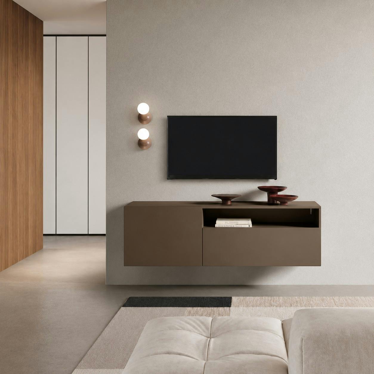 Meuble TV marron moderne à poser ou suspendre LORA