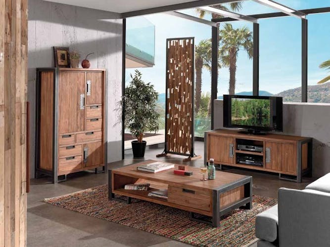 Meuble TV en bois et metal deux portes de style industriel