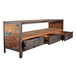 Meuble TV bois recycle et metal trois tiroirs de style industriel