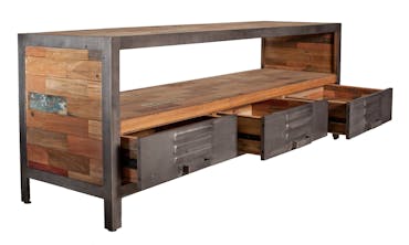  Meuble TV bois recycle et metal trois tiroirs de style industriel