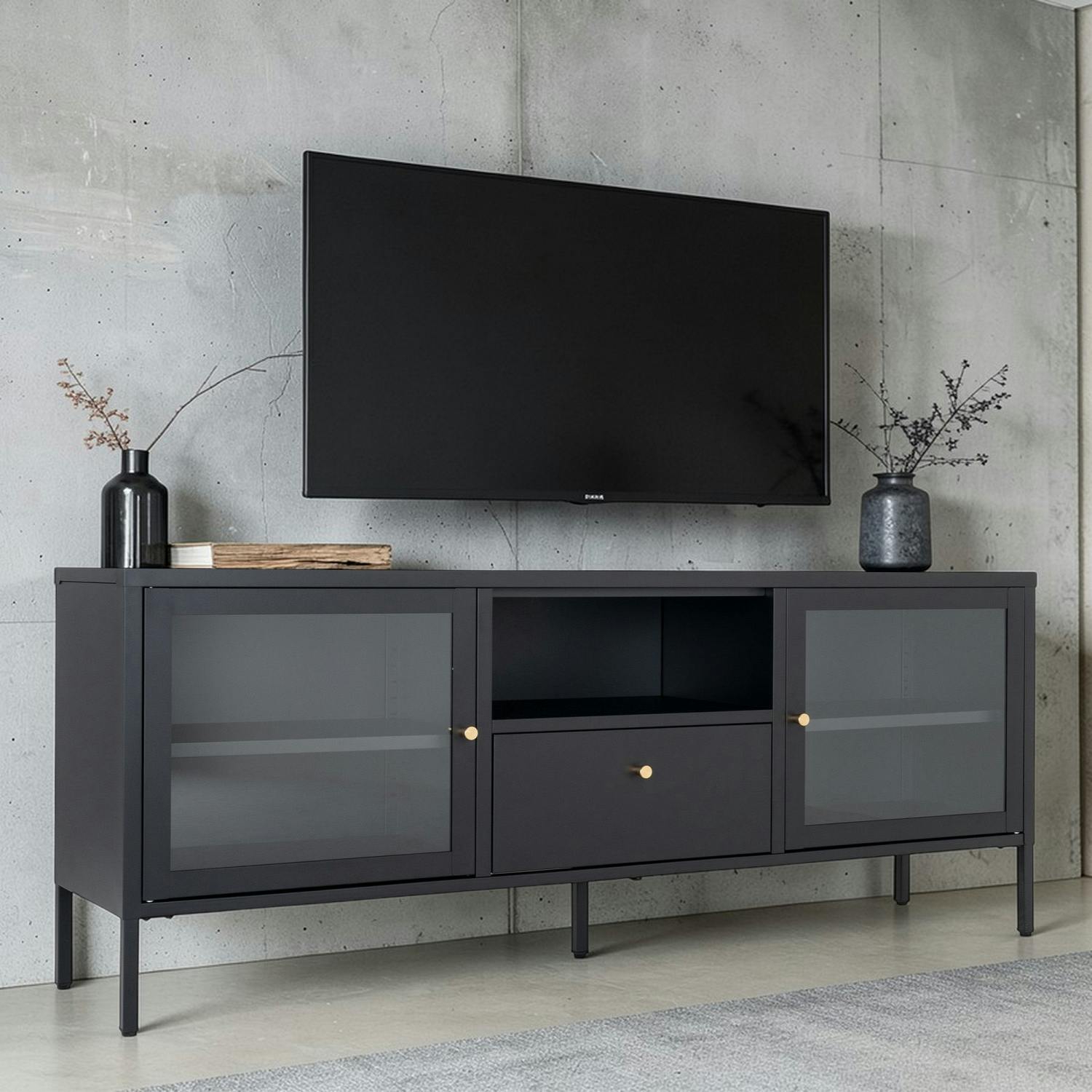 Meuble TV métal noir 2 portes vitrées 1 tiroir ODENSE