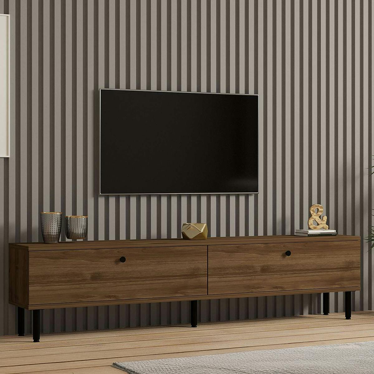 Meuble TV moderne 2 portes effet bois foncé JENA