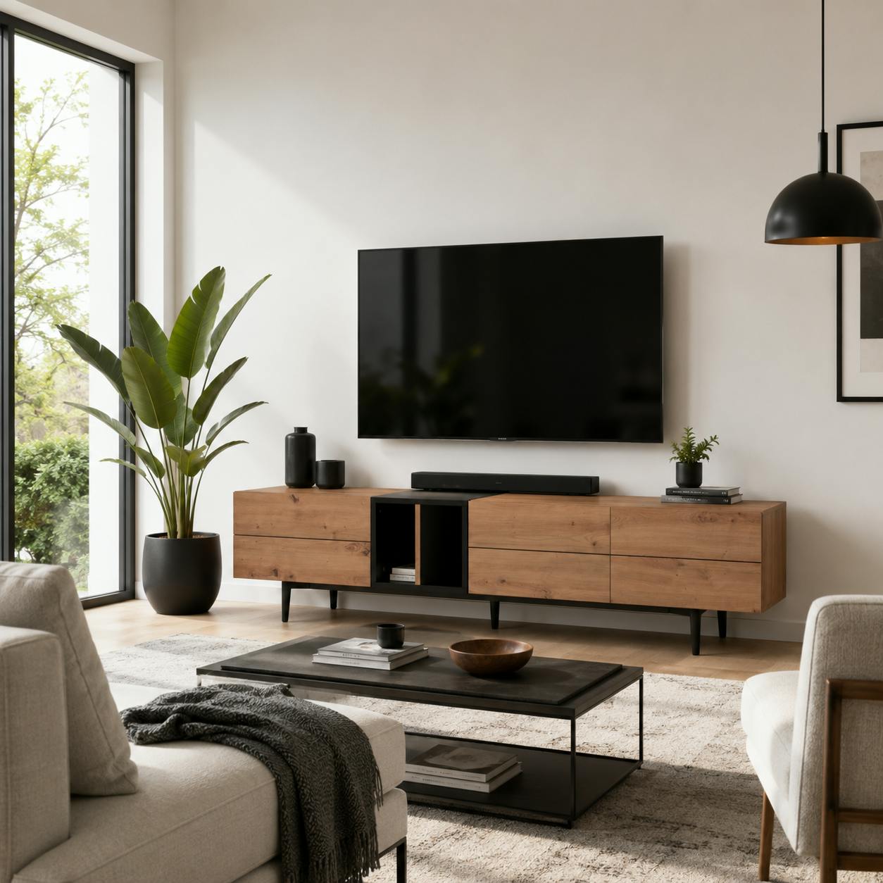 Meuble TV moderne 3 abattants 1 niche décor bois et noir ALVA
