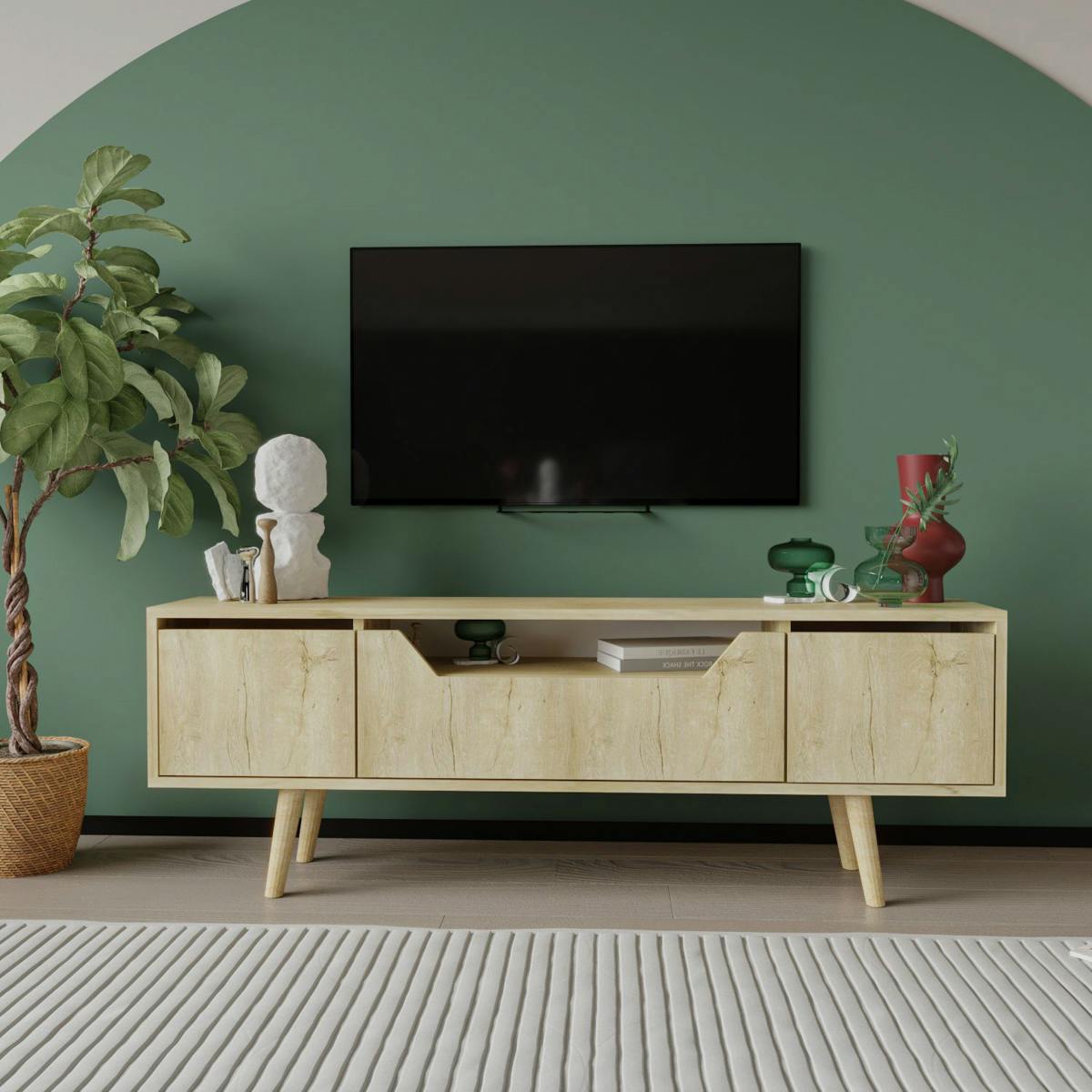 Meuble TV moderne 3 portes effet bois clair 150 cm MARFA