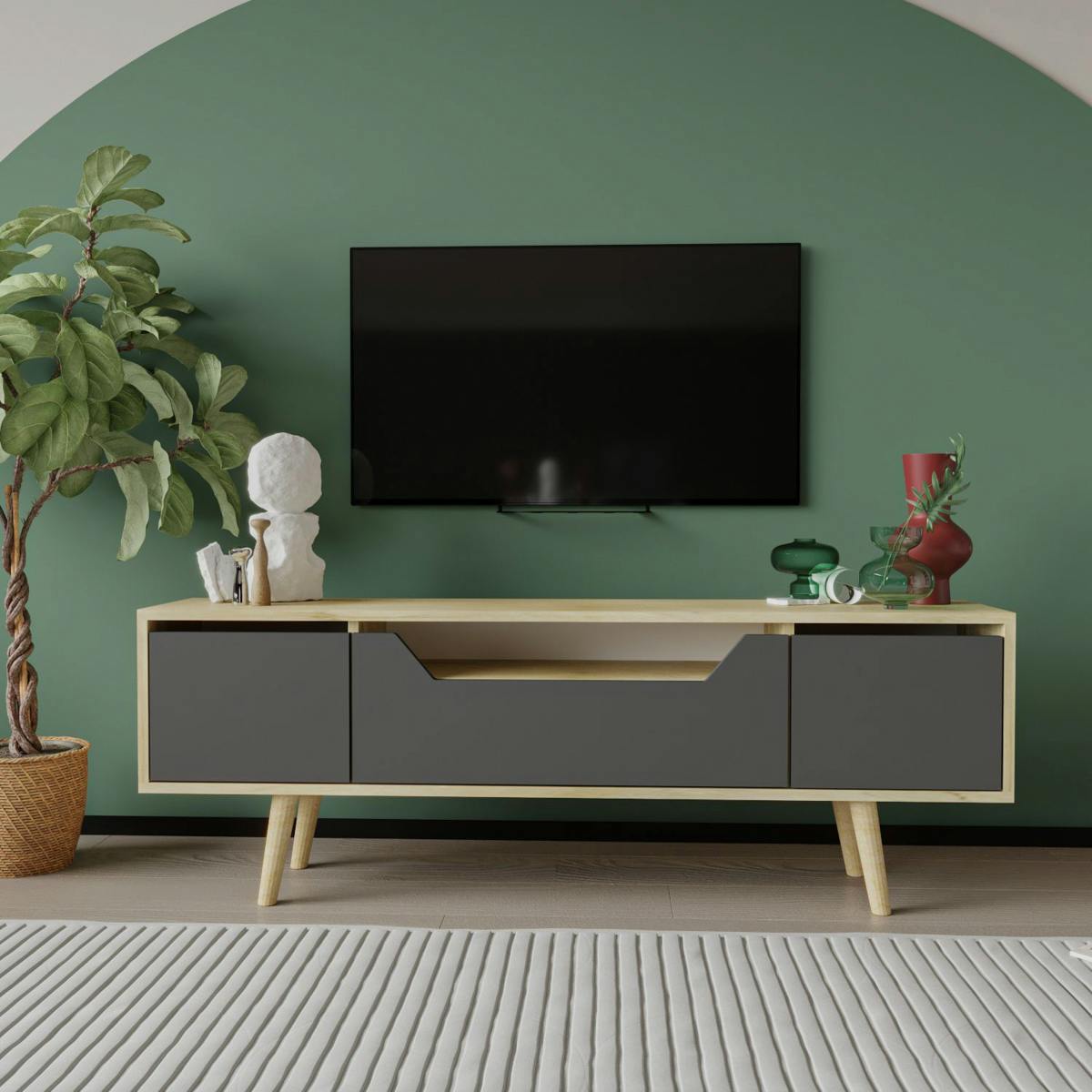 Meuble TV moderne 3 portes grises cadre clair 150 cm MARFA