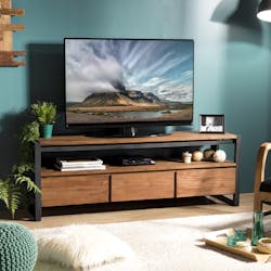 Meuble TV de coin, 2 tiroirs et étagères pour hifi Couleur hevea#naturalHUV  Matière hévéa Dimension 120x55x70