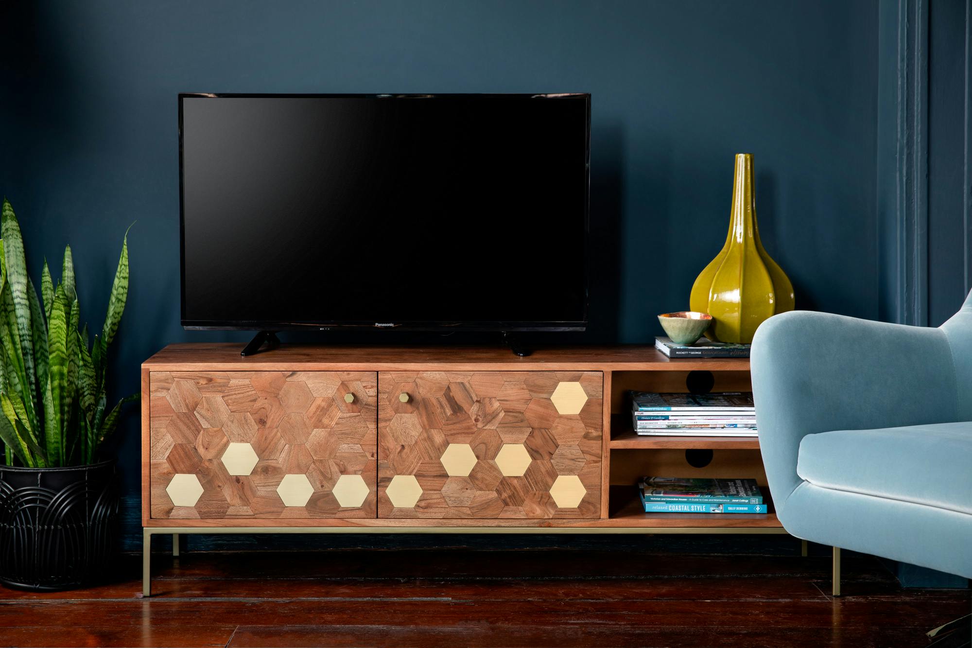 Meuble TV moderne acacia laiton HOBART