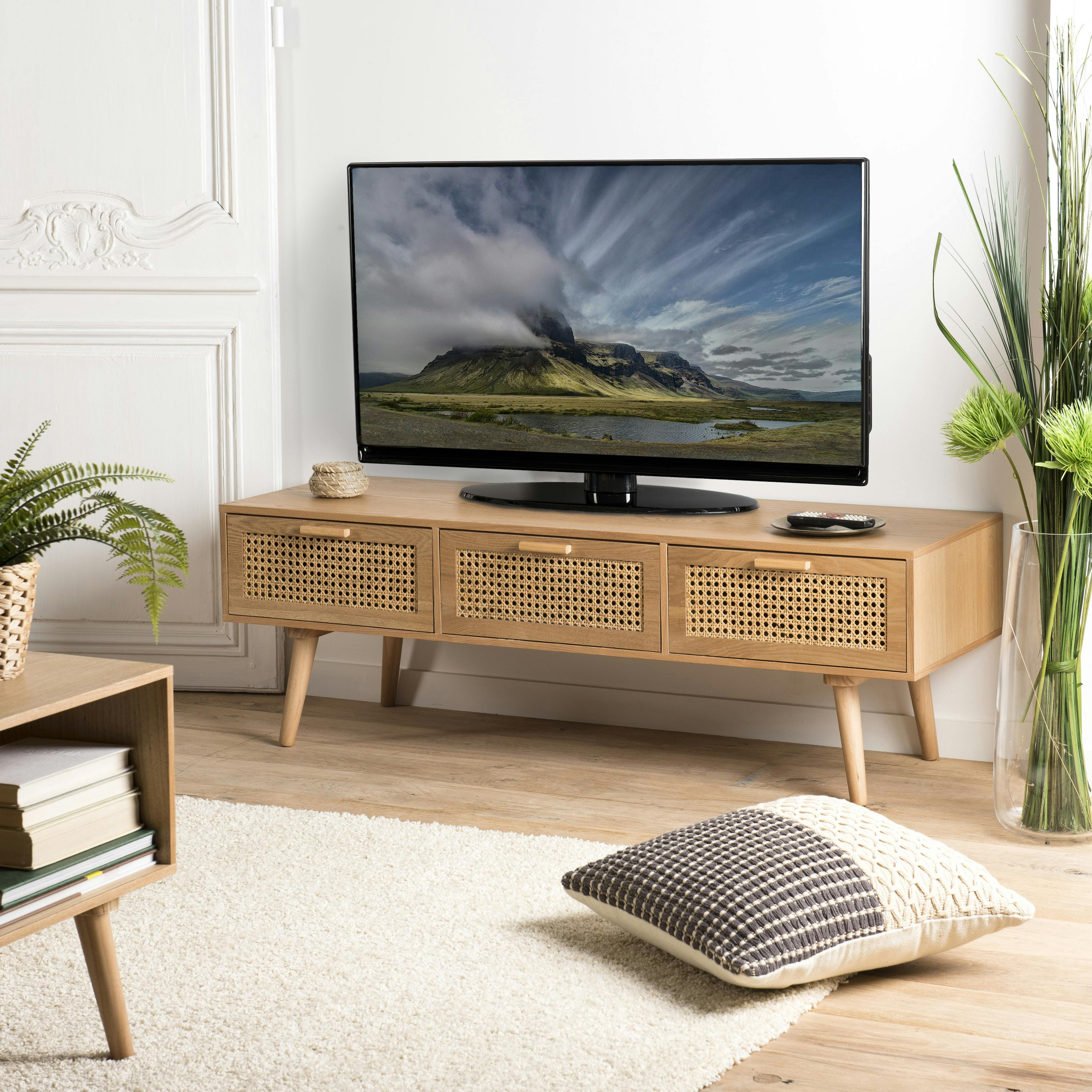 Petit meuble TV en bois à portes coulissantes motif baguette
