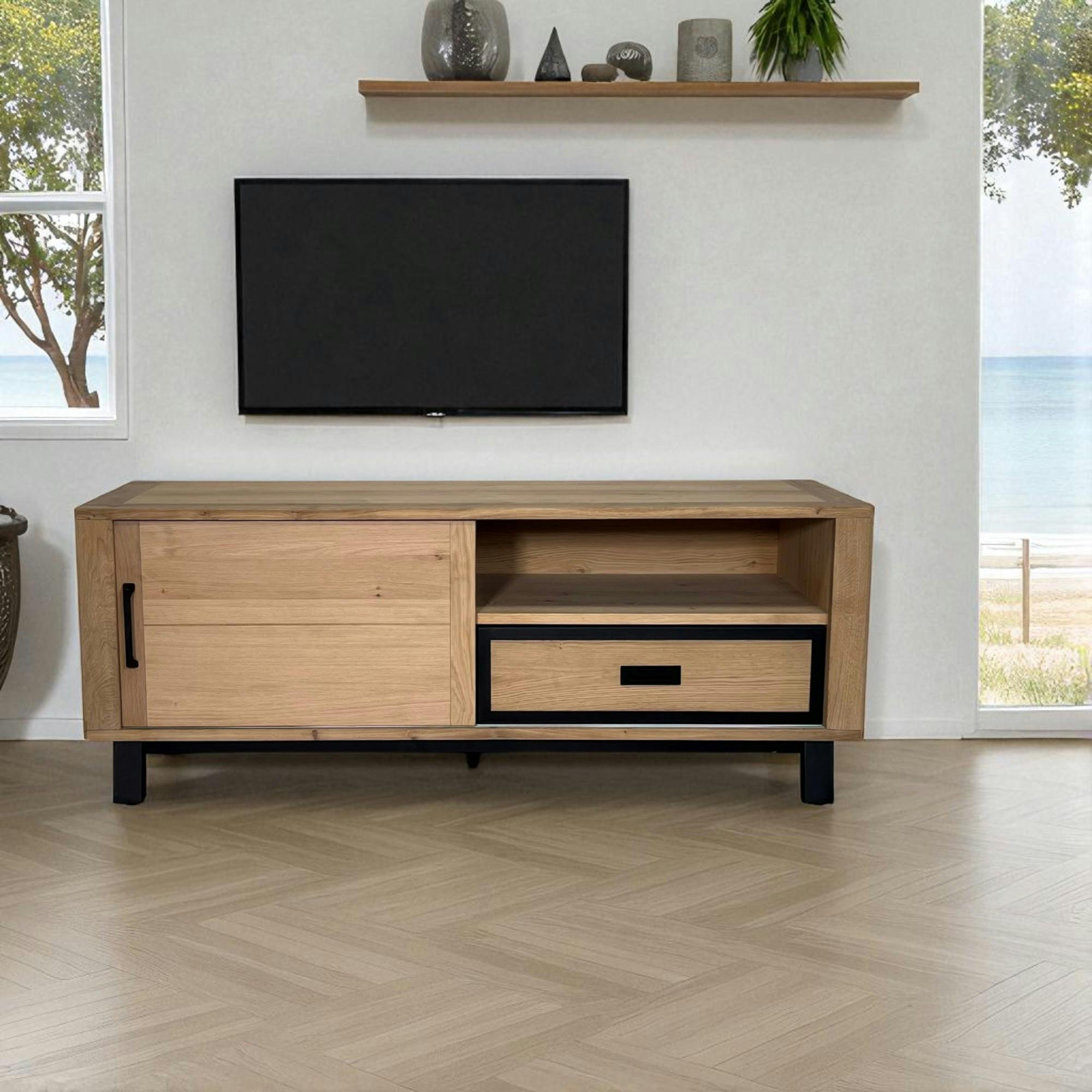 Meuble TV moderne avec rangement - bois clair chêne GRADO