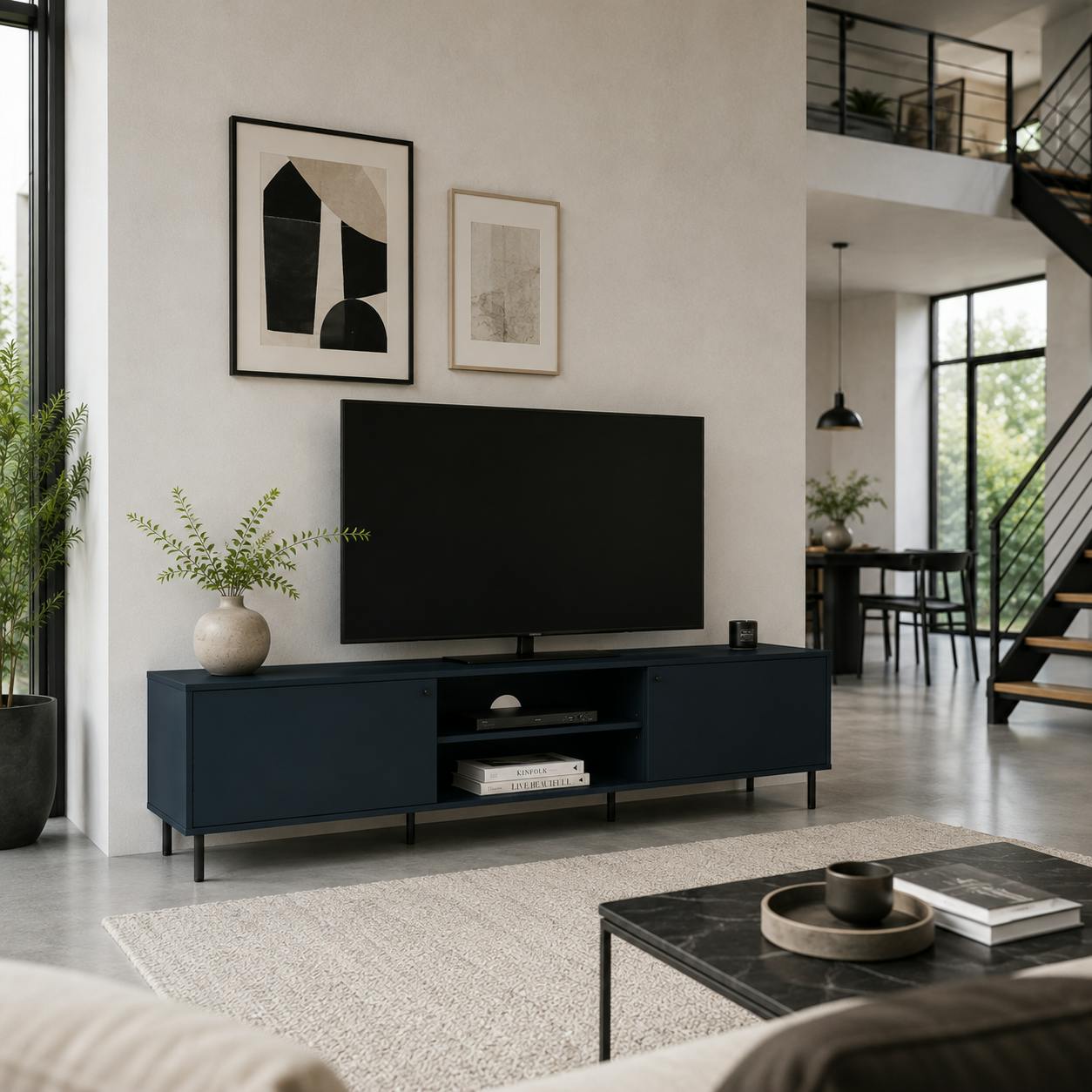 Meuble TV moderne bleu sombre 2 portes RAVEN