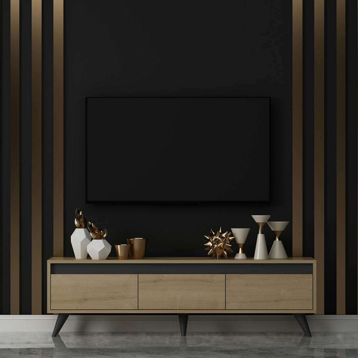 Meuble TV moderne décor bois avec pieds obliques UMEA