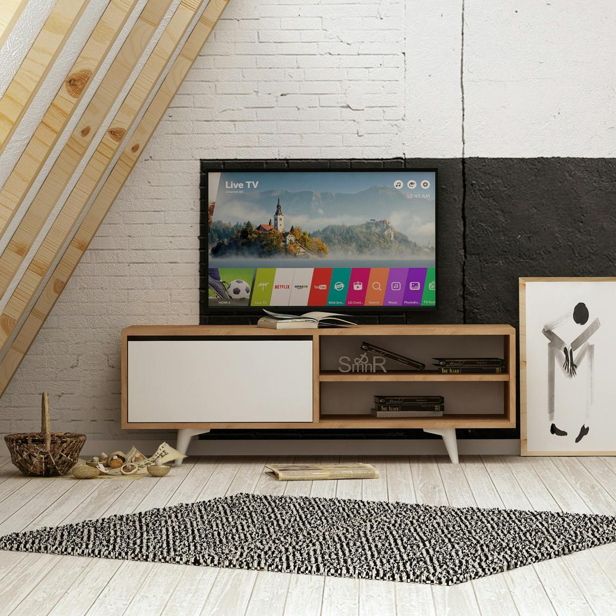 Meuble TV moderne décor bois et blanc 2 niches UMEA