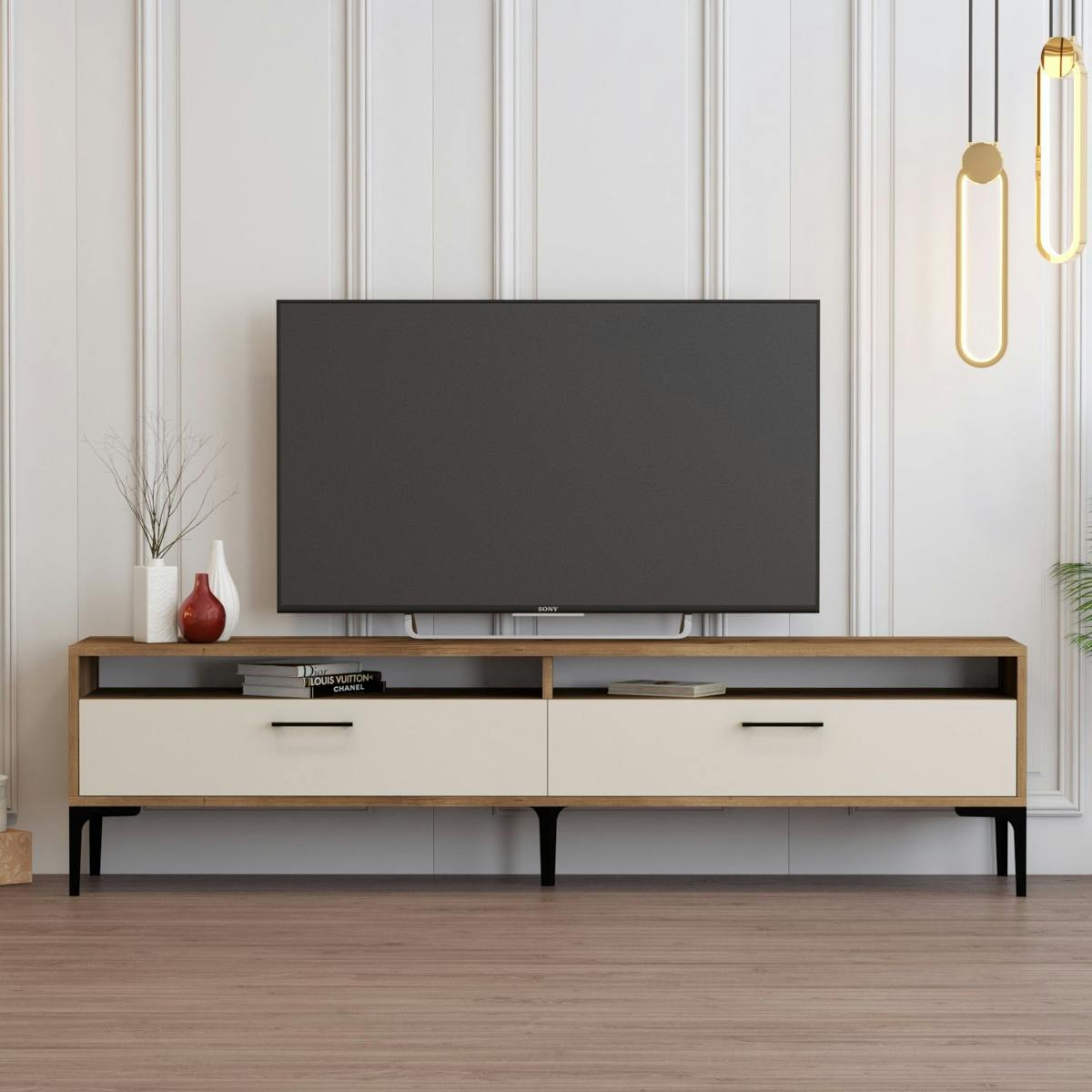 Meuble TV moderne décor bois foncé et portes crème JENA