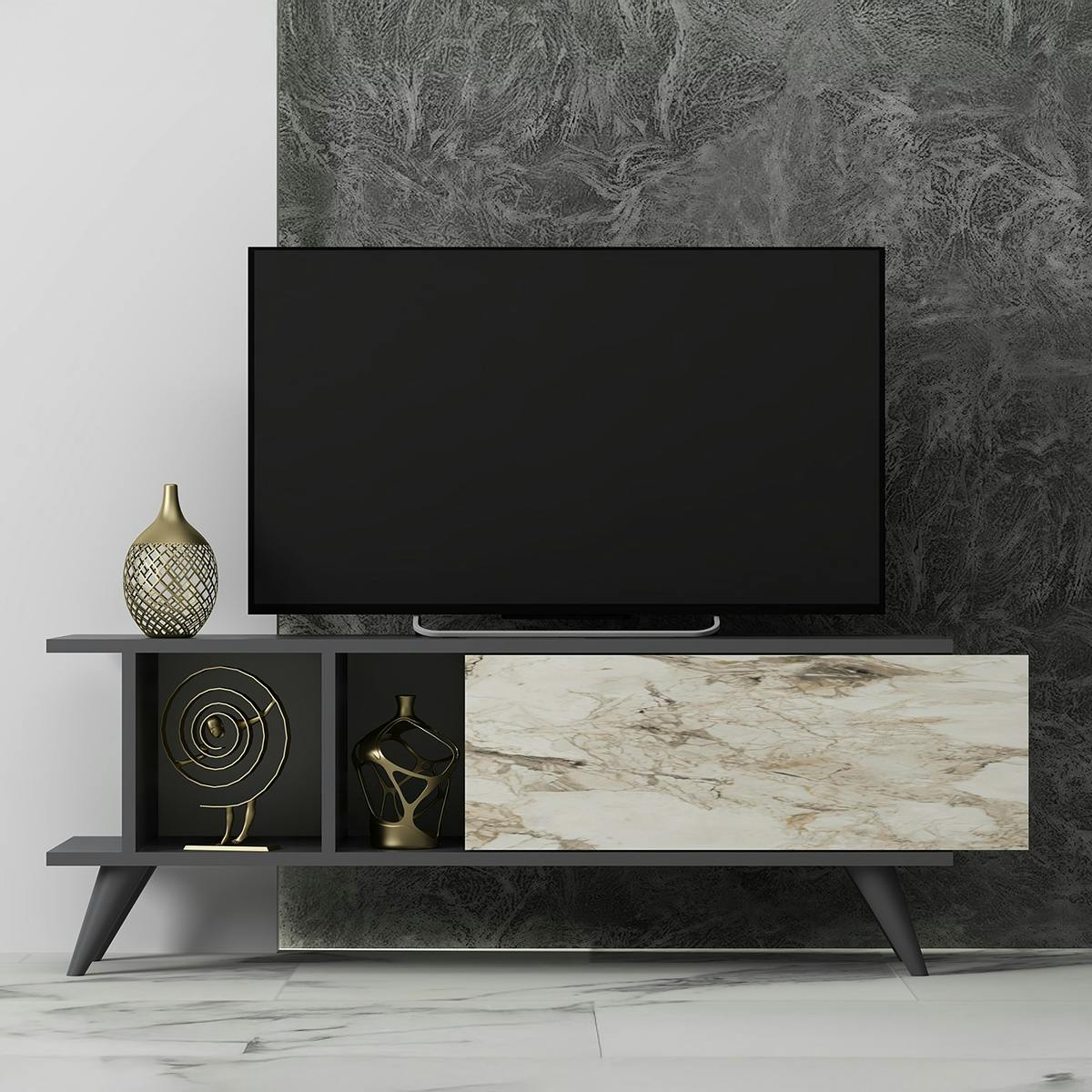 Meuble TV moderne gris avec porte décor marbre blanc UMEA