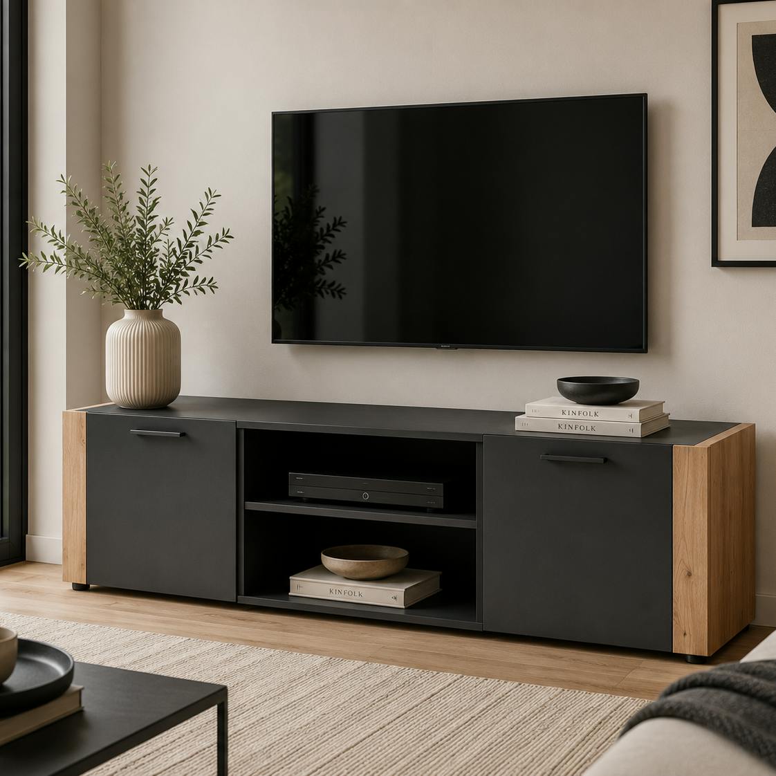 Meuble TV moderne gris foncé 2 portes ALVA