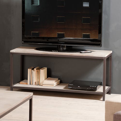 Meuble TV deux plateaux en bois et metal style contemporain